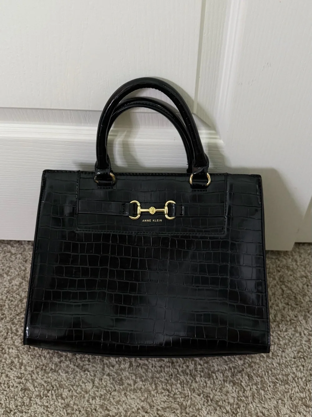 Anne Klein Black Croc-Embossed Top-Handle Satchel with Gold Hardware